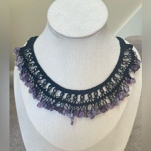 Amethyst, Crochet Bib Collar Necklace, Beaded Lace Choker, Hippie Style, Boho